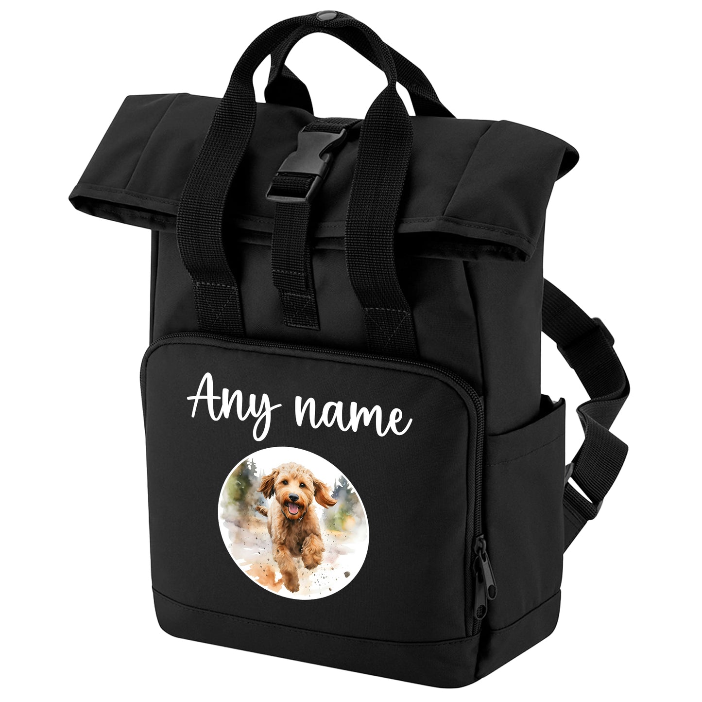 Black Any Breed Running Woodland Dog with Personalised Name Backpack