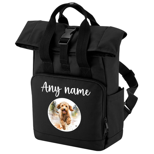 Black Any Breed Running Woodland Dog with Personalised Name Backpack