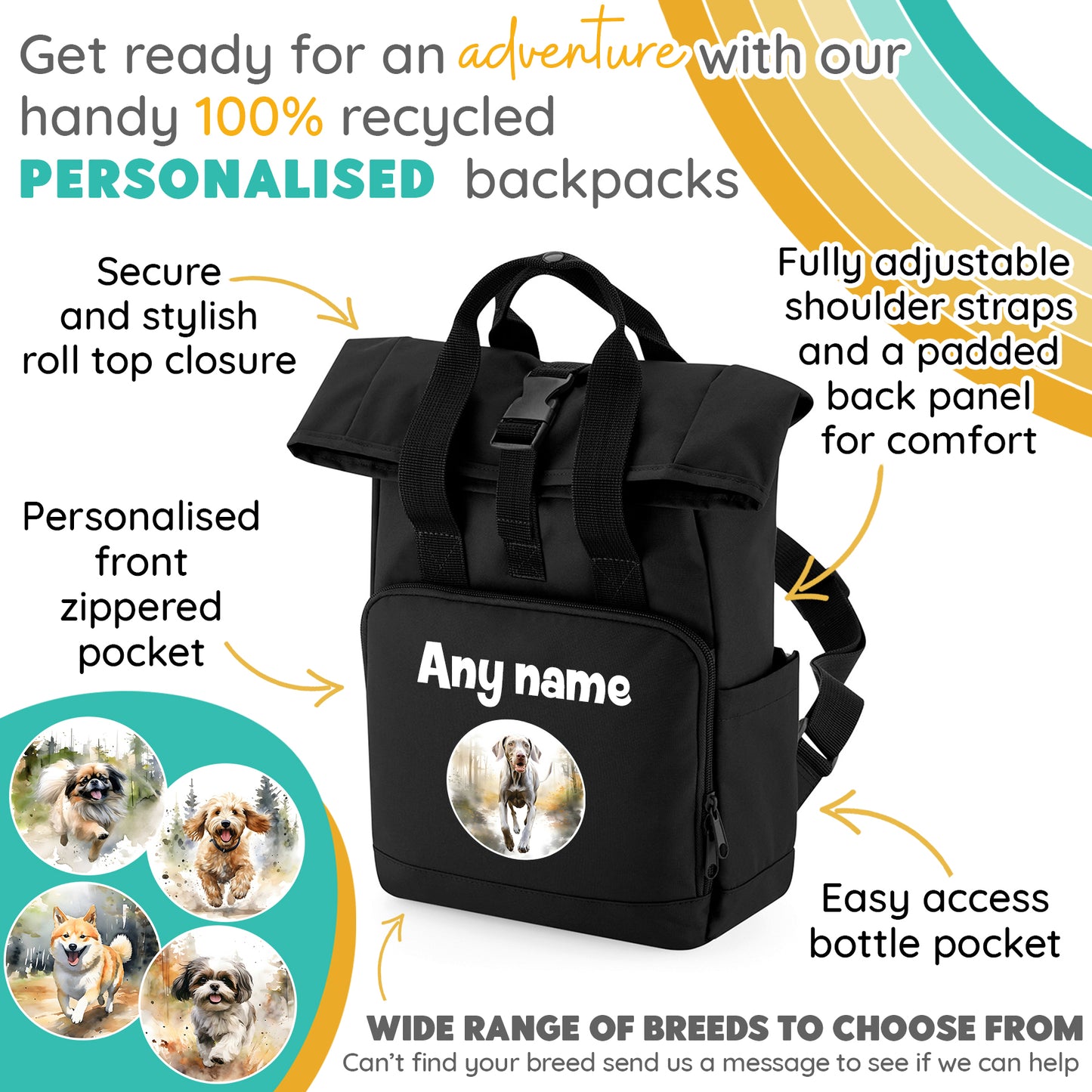 Black Any Breed Running Woodland Dog with Personalised Name Backpack