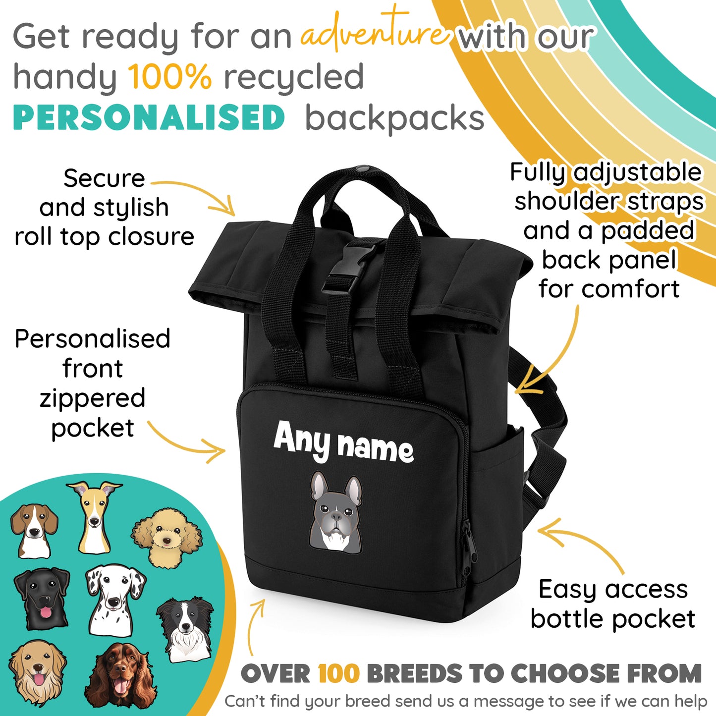 Travel Rucksack 9 Litres Black Any Breed Backpack With Custom Personalised Dog Name