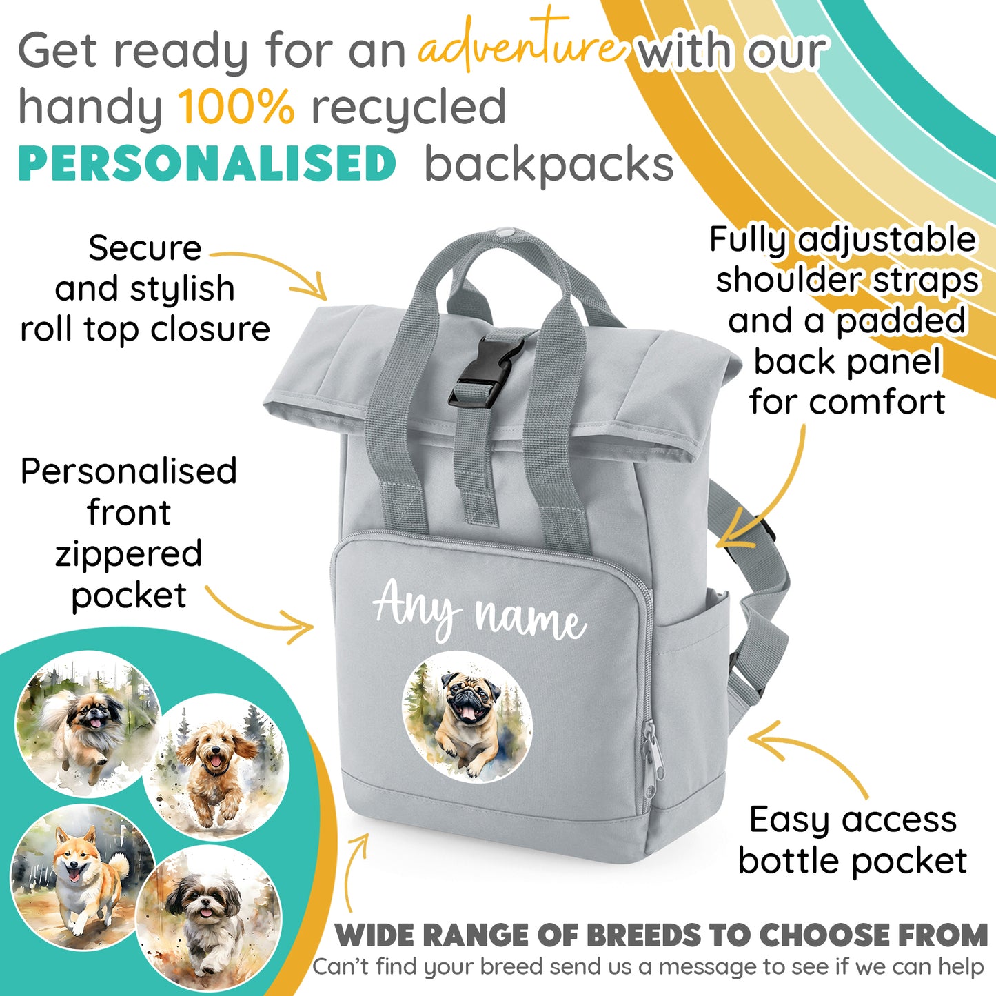 Grey Any Breed Running Woodland Dog with Personalised Name Backpack