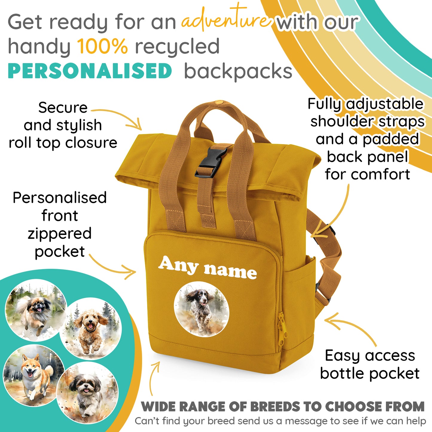 Mustard Any Breed Running Woodland Dog with Personalised Name Backpack