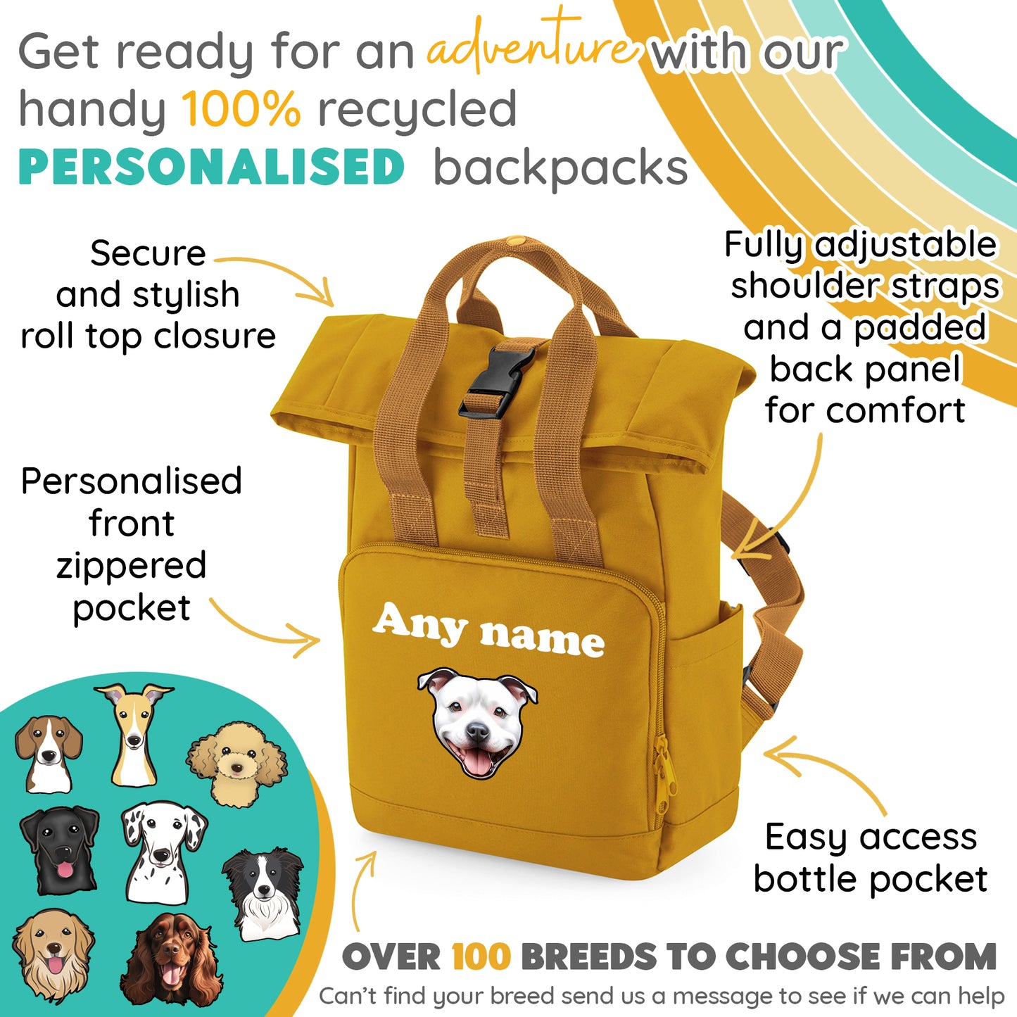 Travel Rucksack 9 Litres Mustard Gold Any Breed Backpack With Custom Personalised Dog Name