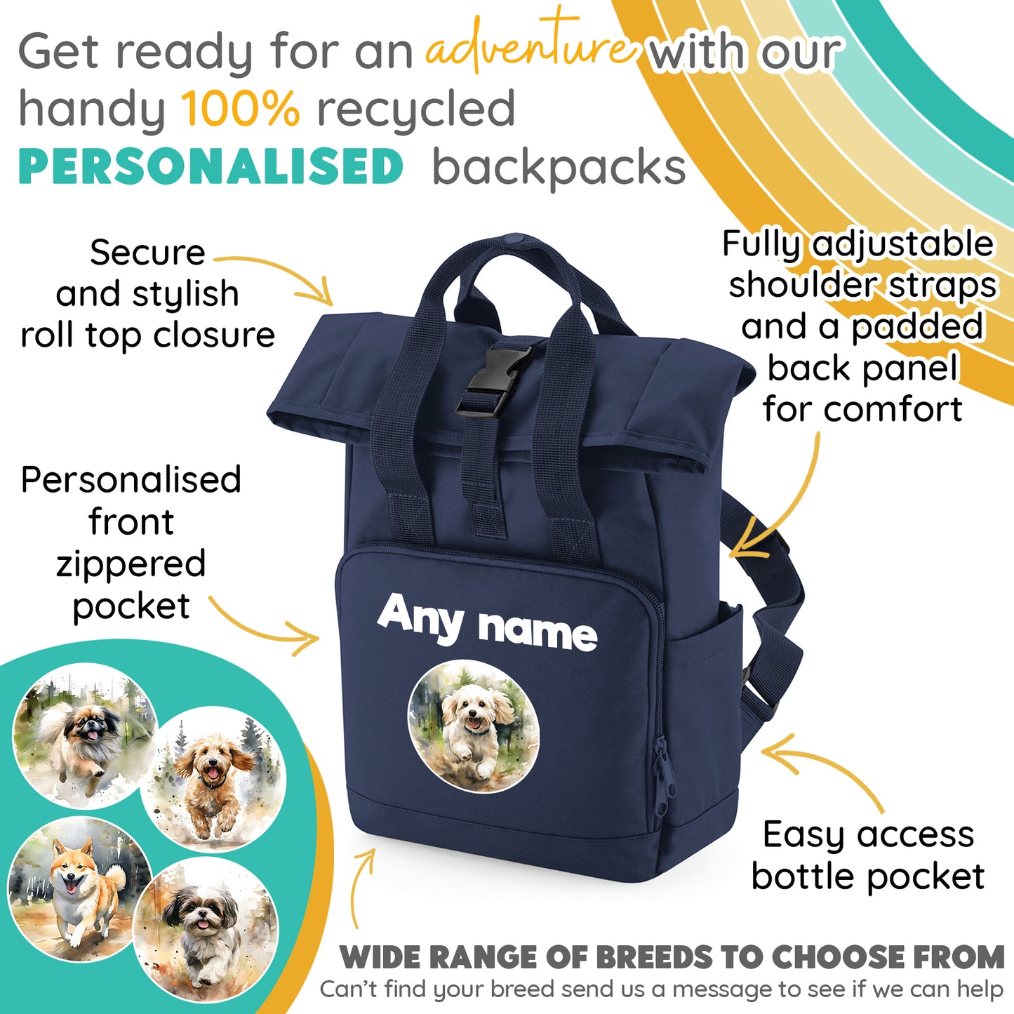 Navy Any Breed Running Woodland Dog with Personalised Name Backpack