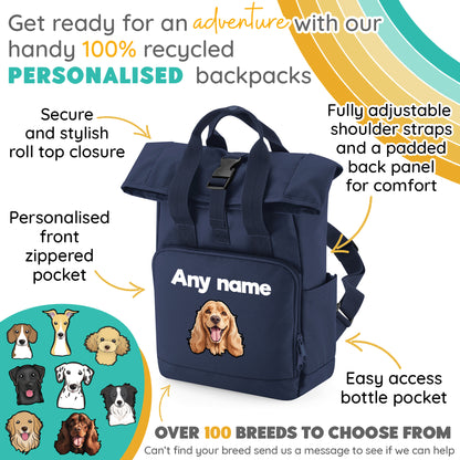 Travel Rucksack 9 Litres Navy Blue Any Breed Backpack With Custom Personalised Dog Name