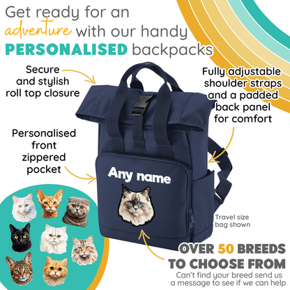 Navy Cat Breed with Personalised Name Backpack