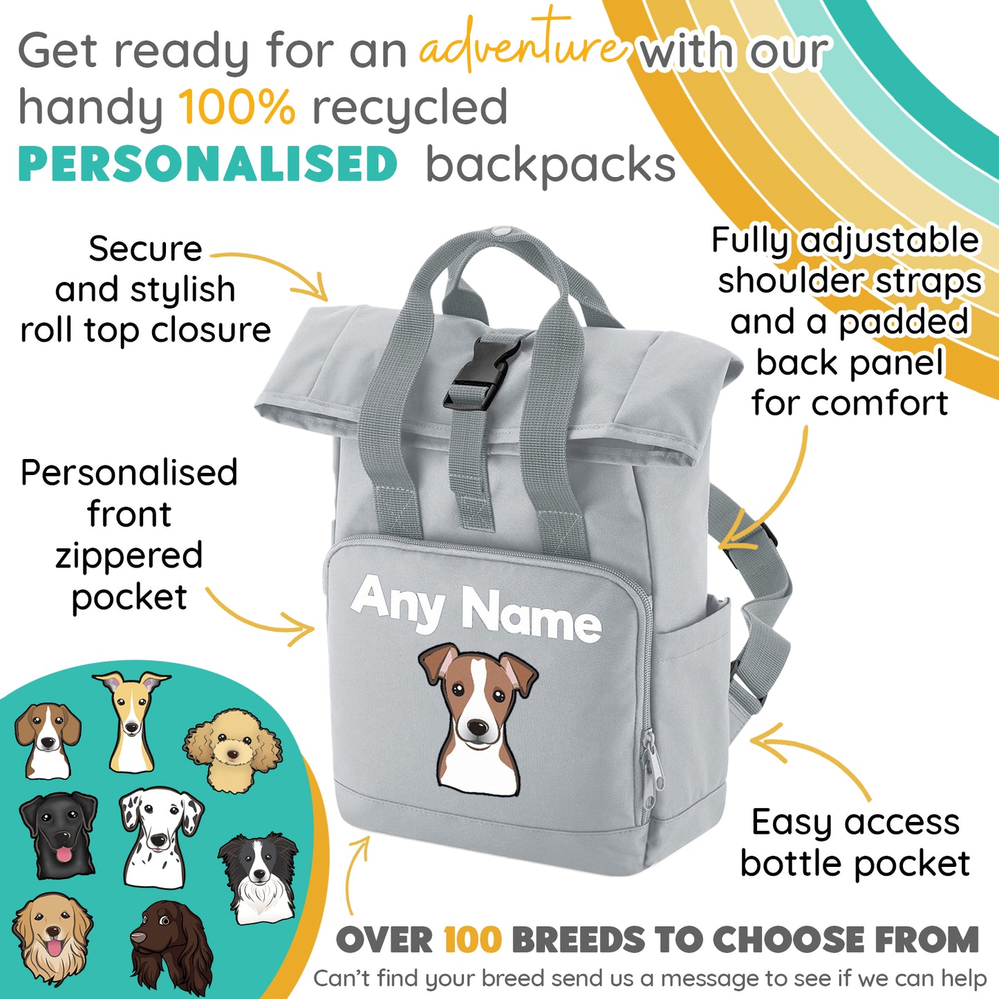 Travel Rucksack 9 Litres Grey Any Breed Backpack With Custom Personalised Dog Name