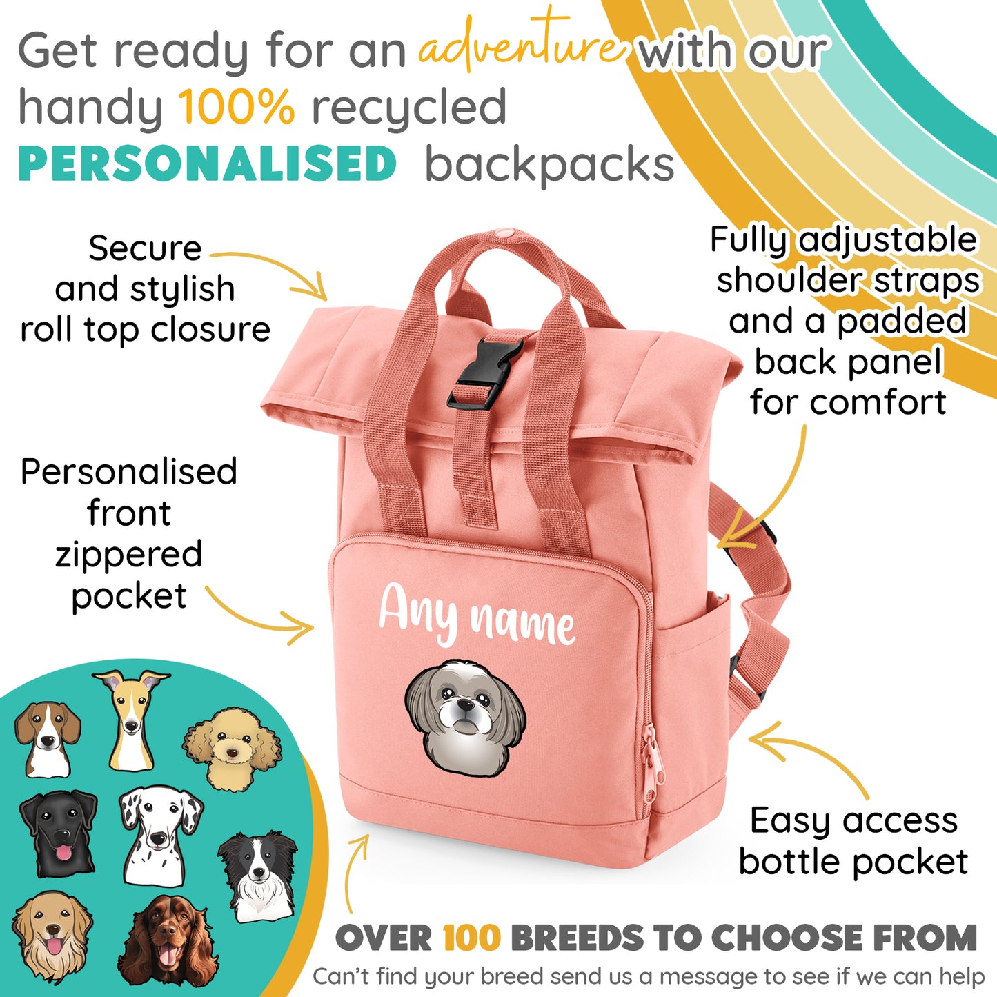 Travel Rucksack 9 Litres Peach Coral Any Breed Backpack With Custom Personalised Dog Name