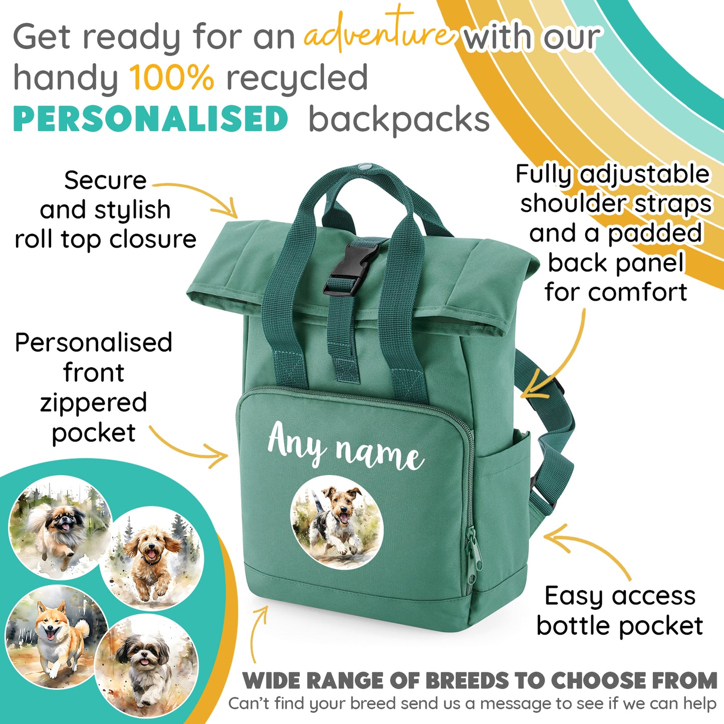 Sage Green Any Breed Running Woodland Dog with Personalised Name Backpack