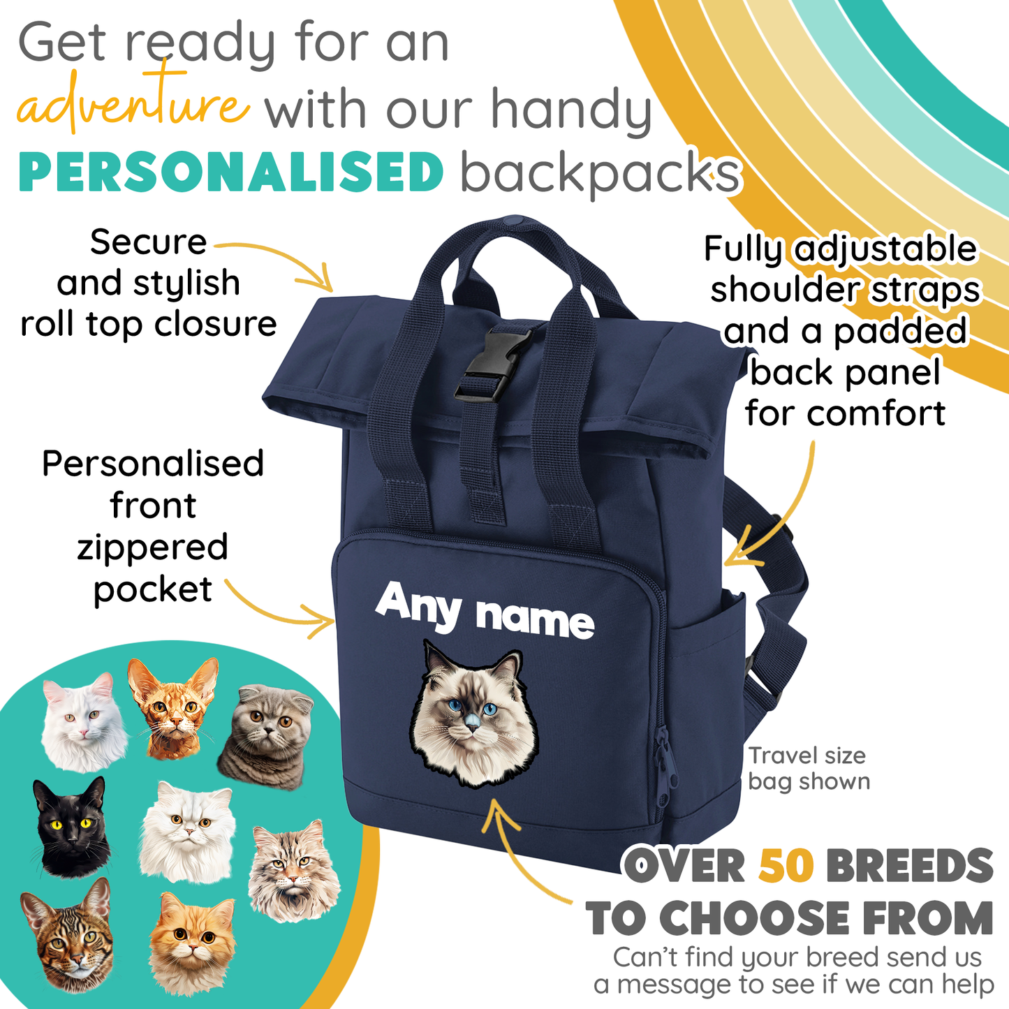 Grey Cat Breed with Personalised Name Backpack