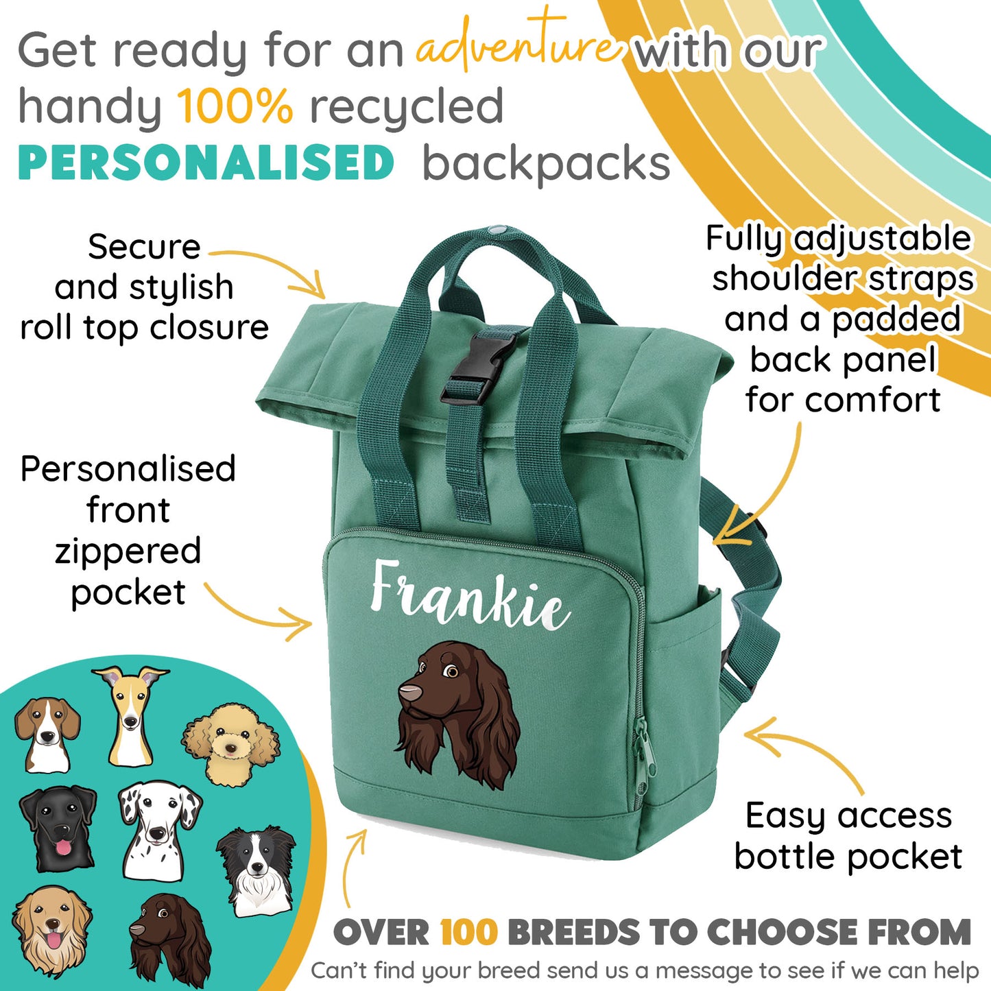 Sage Green Any Breed Backpack With Custom Personalised Dog Name