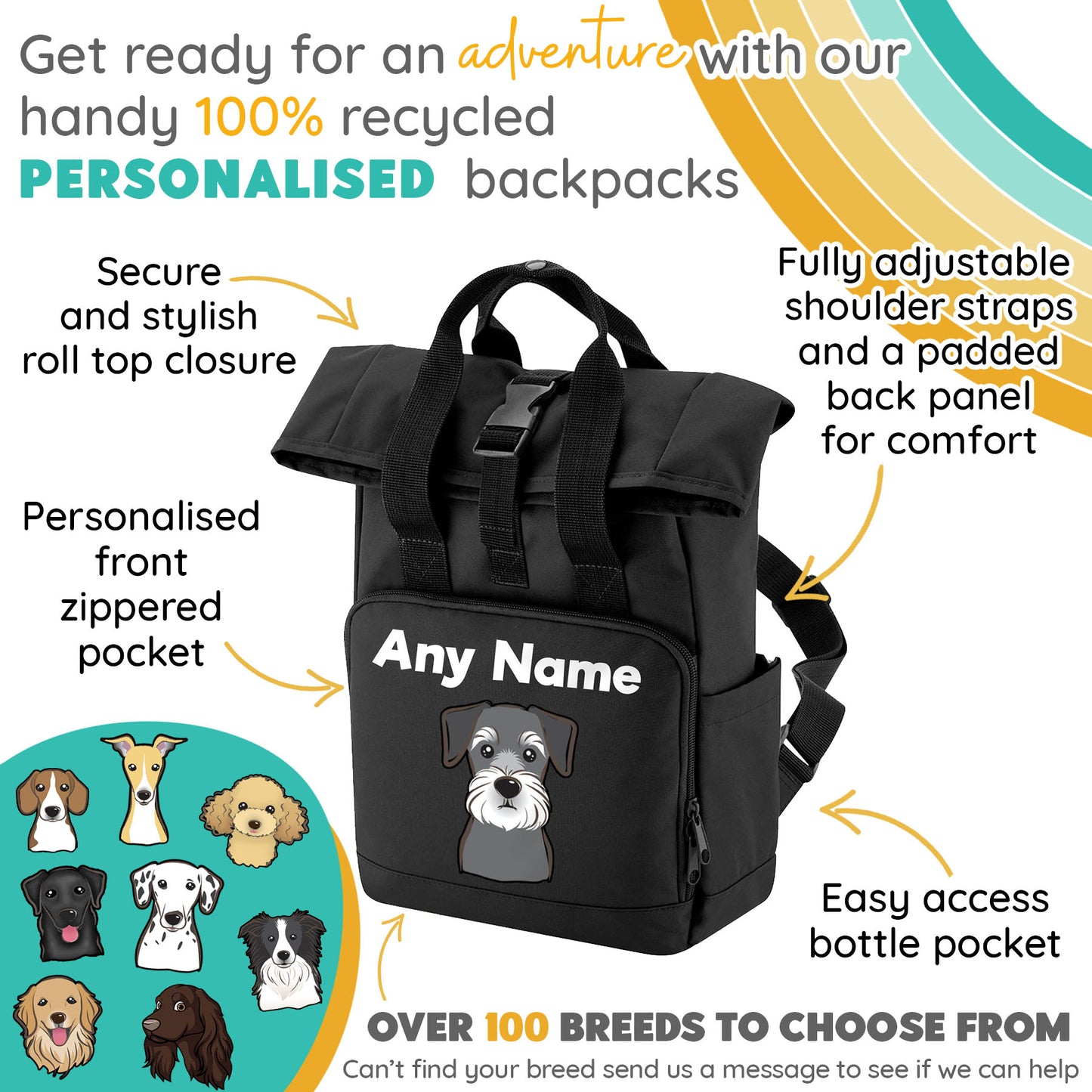 Travel Rucksack 9 Litres Black Any Breed Backpack With Custom Personalised Dog Name