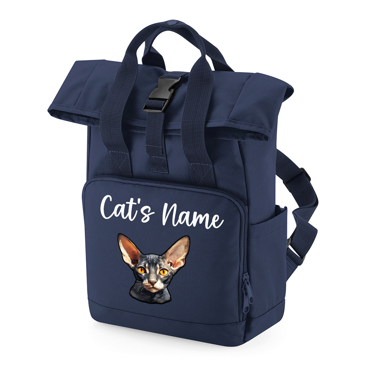 Navy Cat Breed with Personalised Name Backpack