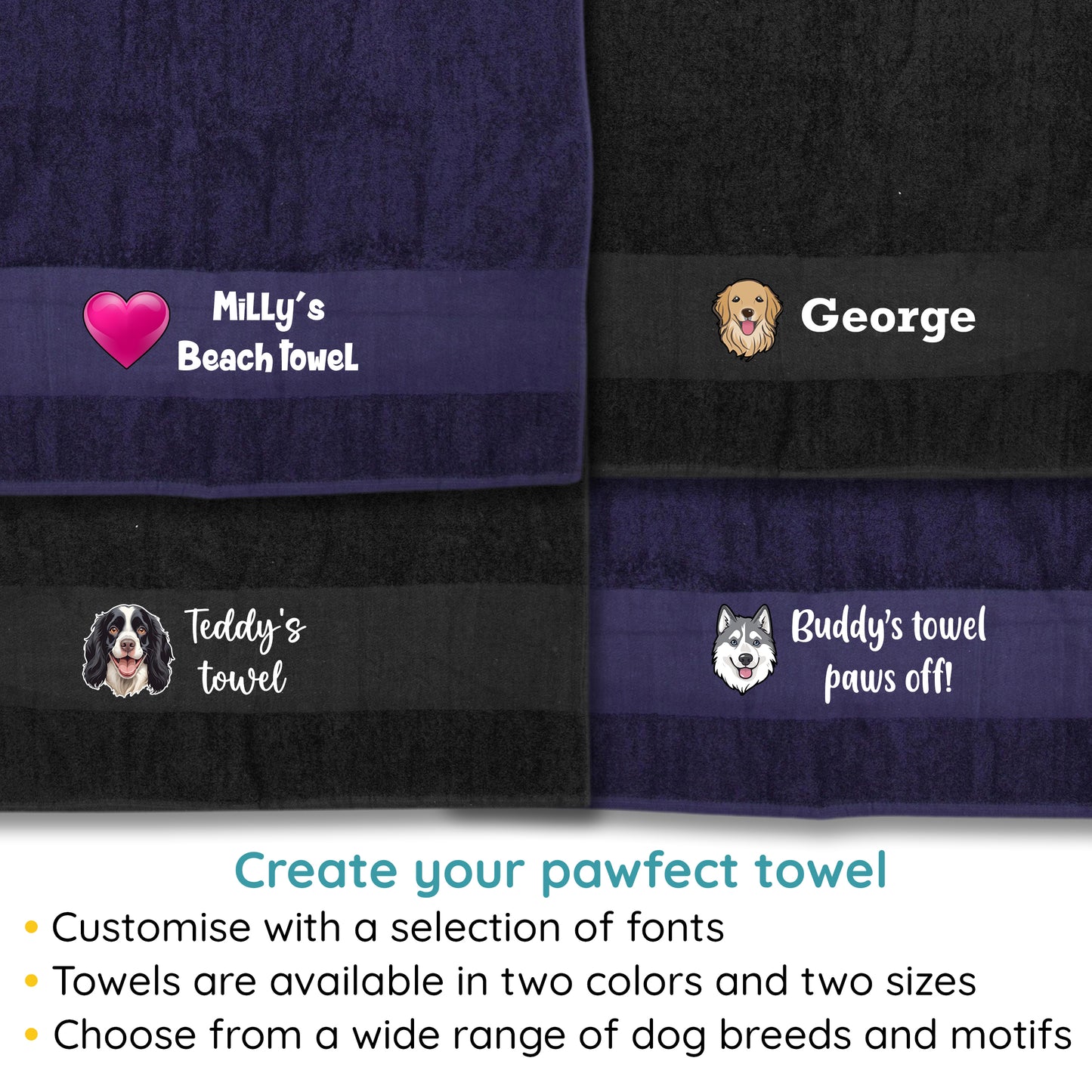 MIDNIGHT BLUE Any Pet Name And A Choice Of Dog Breed - Travel Towel