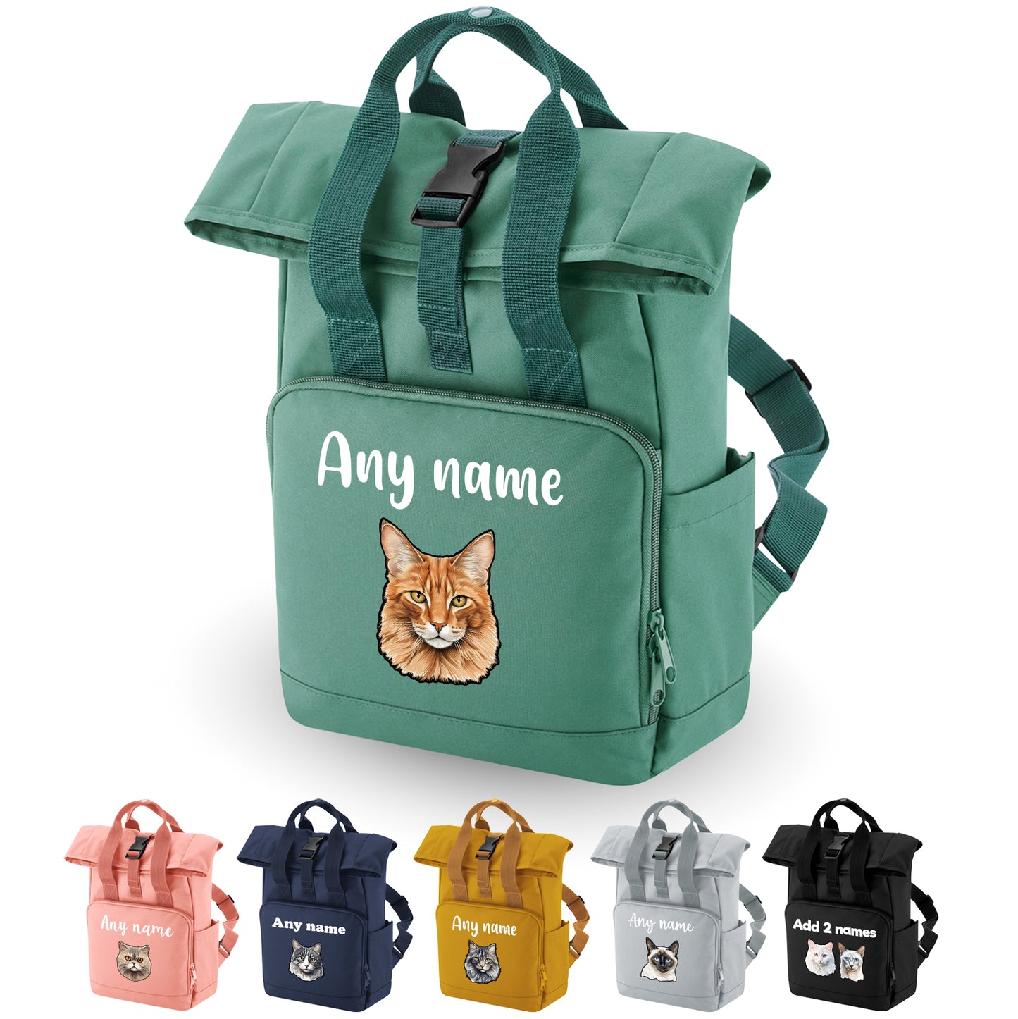 Sage Green Cat Breed with Personalised Name Backpack