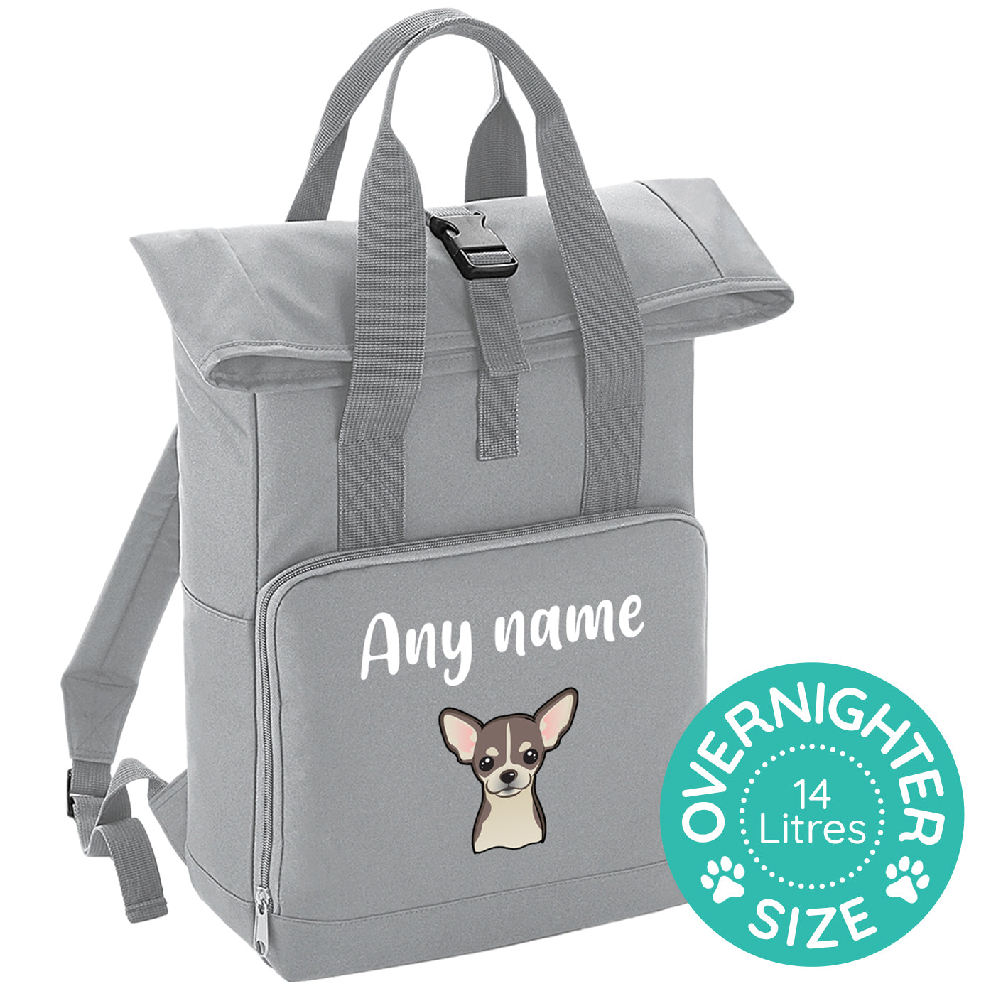 Overnighter Rucksack 14 Litres Grey Any Breed Backpack With Custom Personalised Dog Name