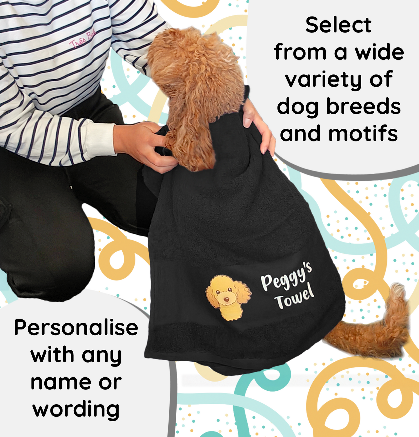 BLACK Any Pet Name And A Choice Of Dog Breed - Travel Towel