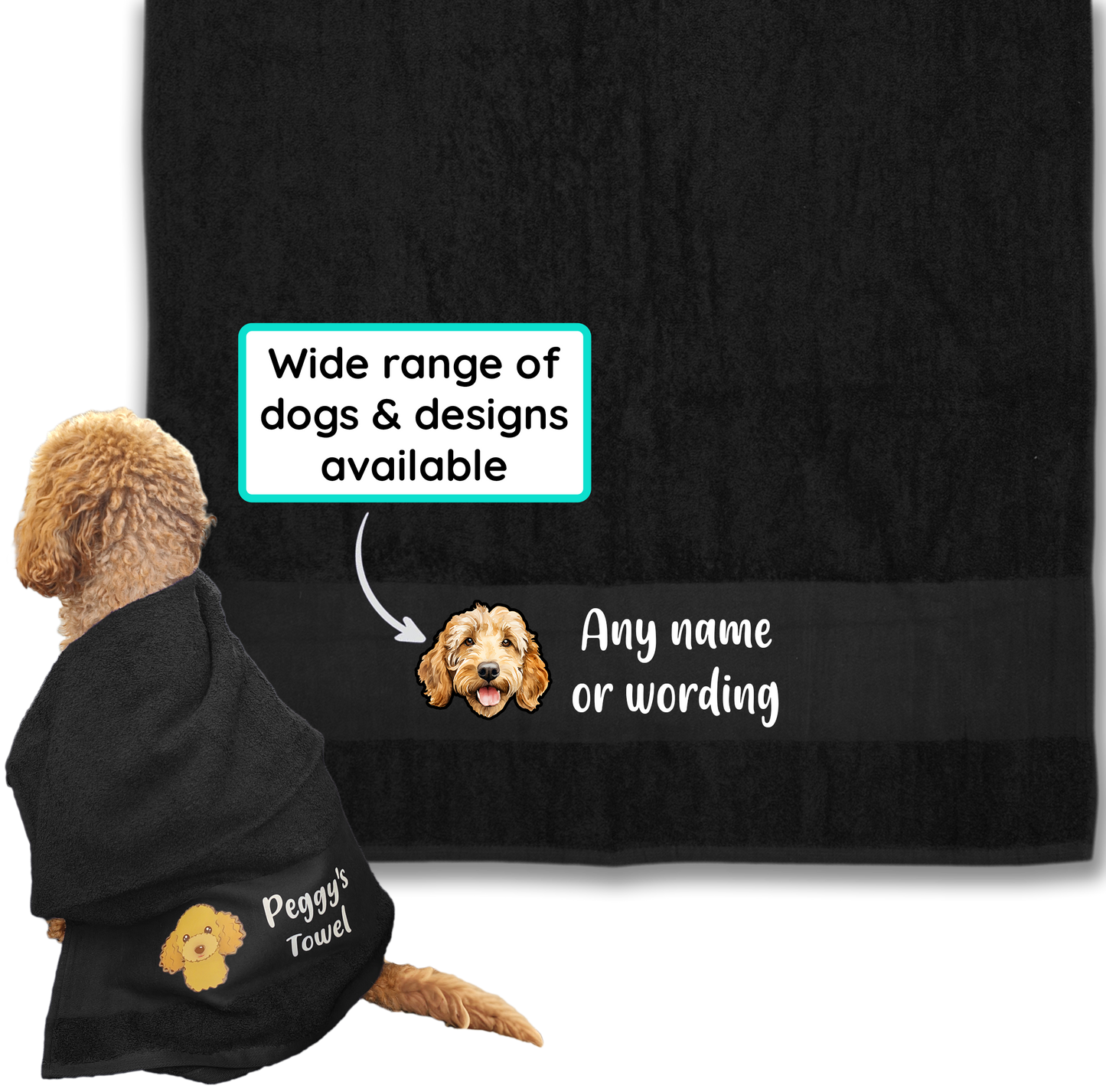 BLACK Any Pet Name And A Choice Of Dog Breed - Travel Towel