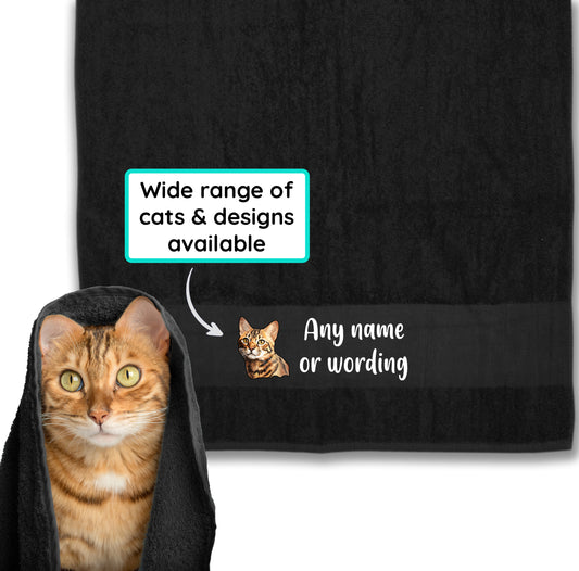 BLACK Any Pet Name And A Choice Of Cat Breed - Travel Towel