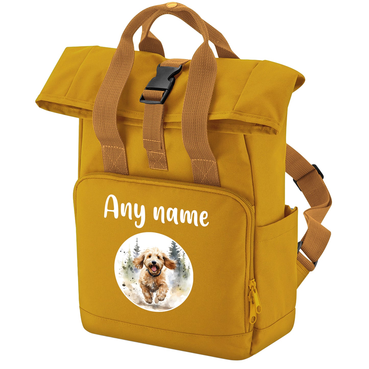 Mustard Any Breed Running Woodland Dog with Personalised Name Backpack