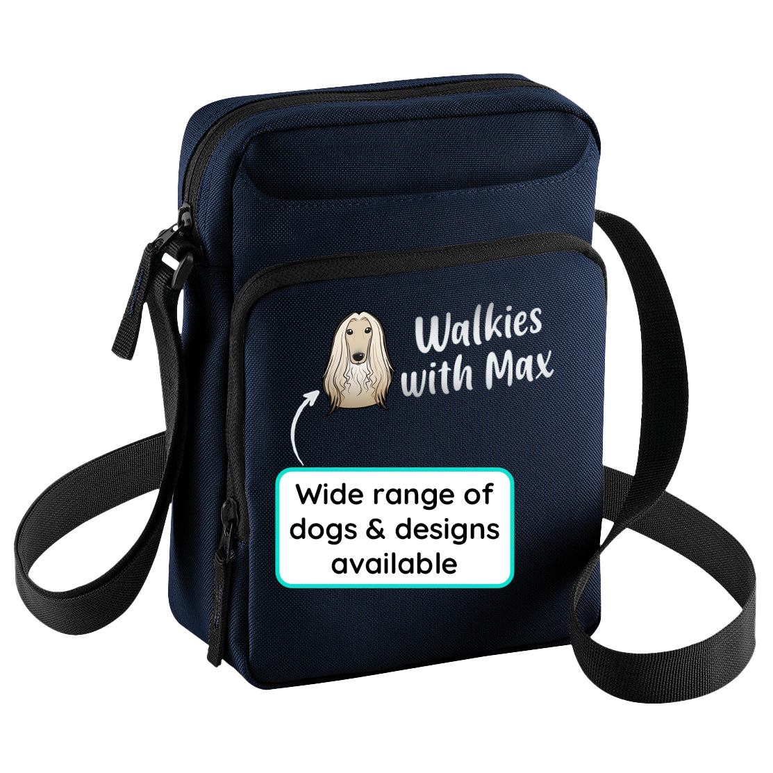 Crossbody Dog Walking Bag Navy Blue Personalised With Breed & Wording