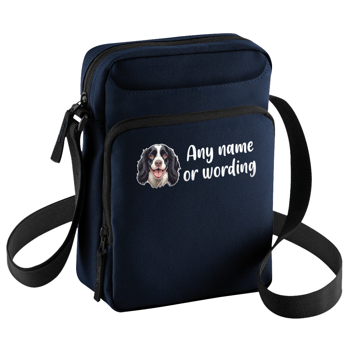 Crossbody Dog Walking Bag Navy Blue Personalised With Breed & Wording