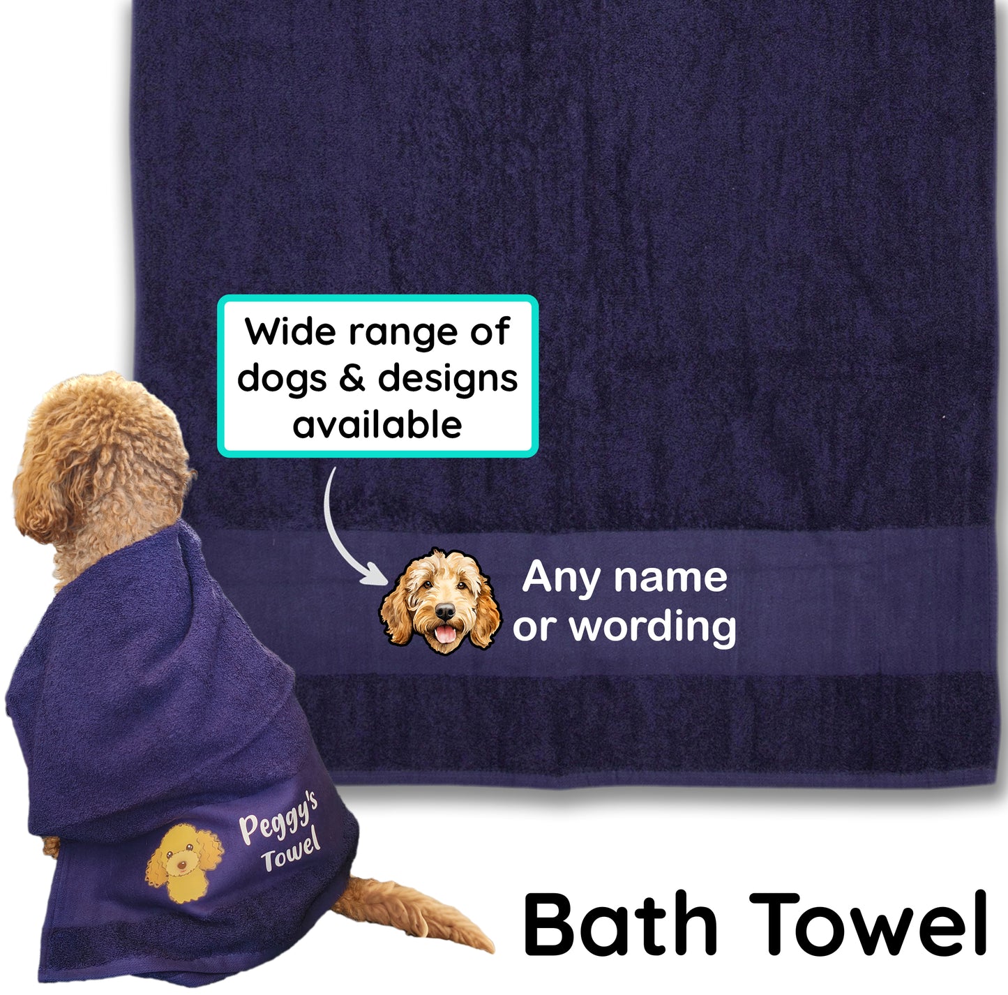 MIDNIGHT BLUE Any Pet Name And A Choice Of Dog Breed - Bath Towel