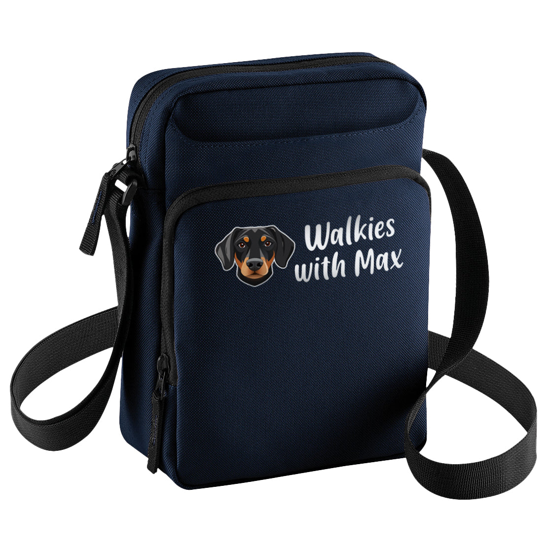 Crossbody Dog Walking Bag Navy Blue Personalised With Breed & Wording