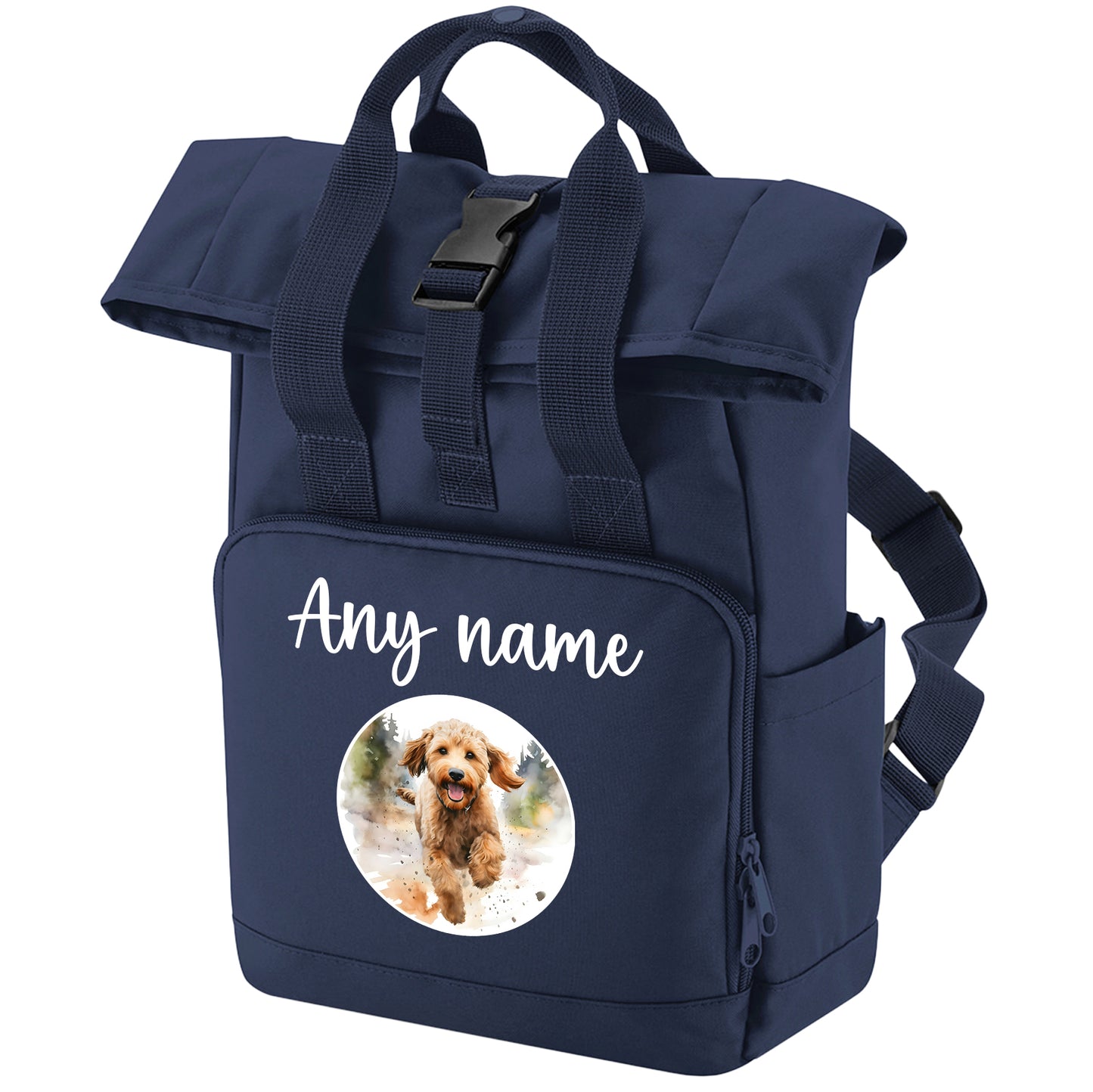 Navy Any Breed Running Woodland Dog with Personalised Name Backpack