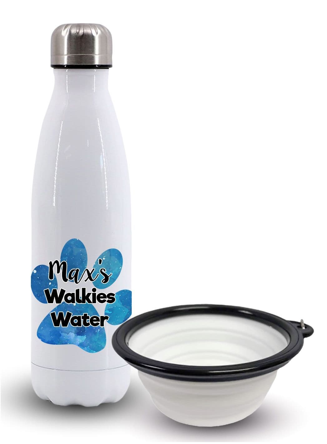 Personalised Walkies Water Vacuum Insulated Water Bottle & Collapsible Dog Drinking Bowl